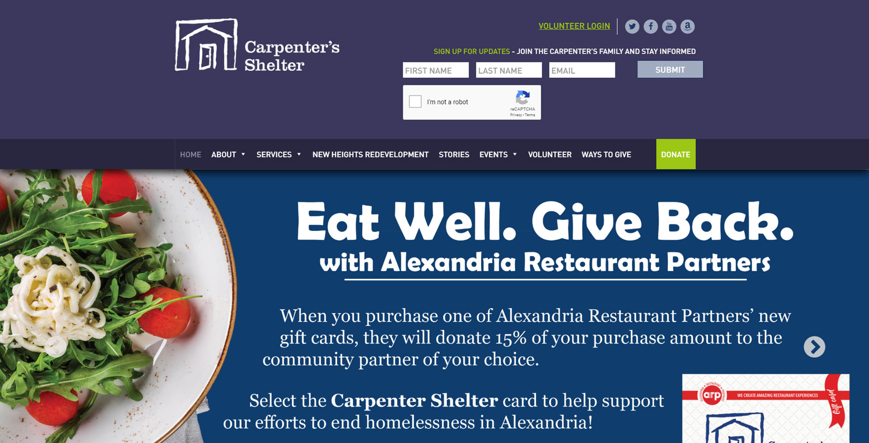 A WordPress website developed by Advanced Systemics for Carpenter's Shelter in Alexandria, Virginia