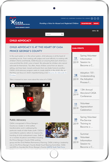 A WordPress website developed by Advanced Systemics for CASA Prince George's County