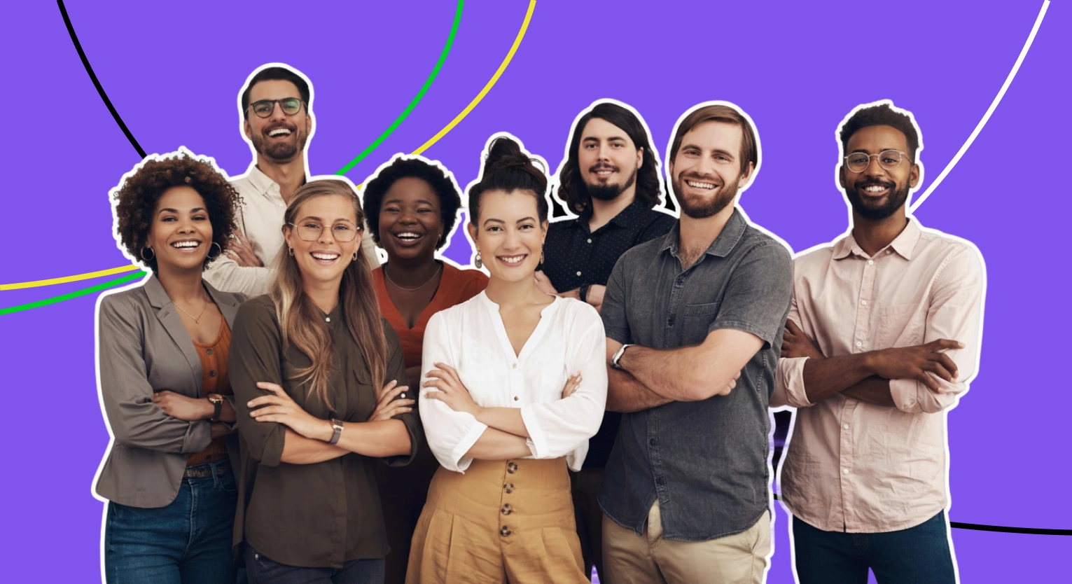 A smiling, diverse team representing a non-profit website design and development agency, standing against a purple background.