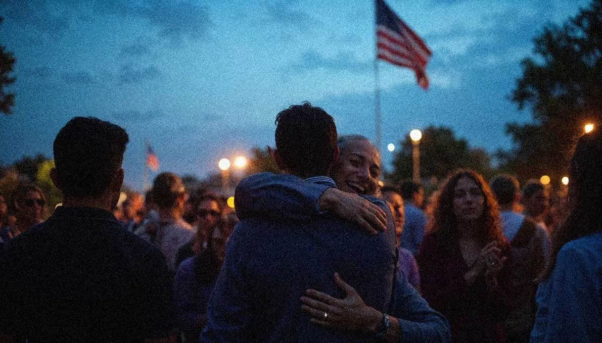Political campaign rally with candidate engaging supporters and voters