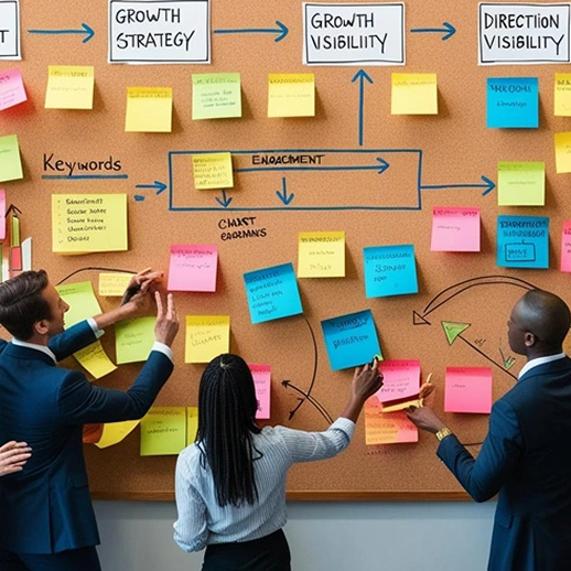 Team brainstorming nonprofit website SEO strategy using sticky notes on a board with growth and visibility keywords