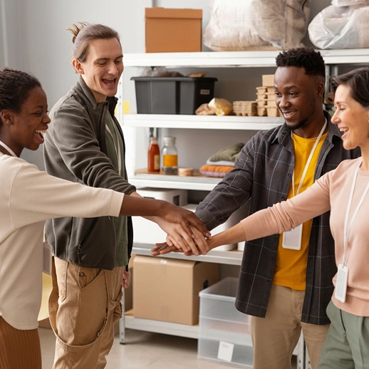 Nonprofit volunteers smiling while reviewing tailored website features and printed materials