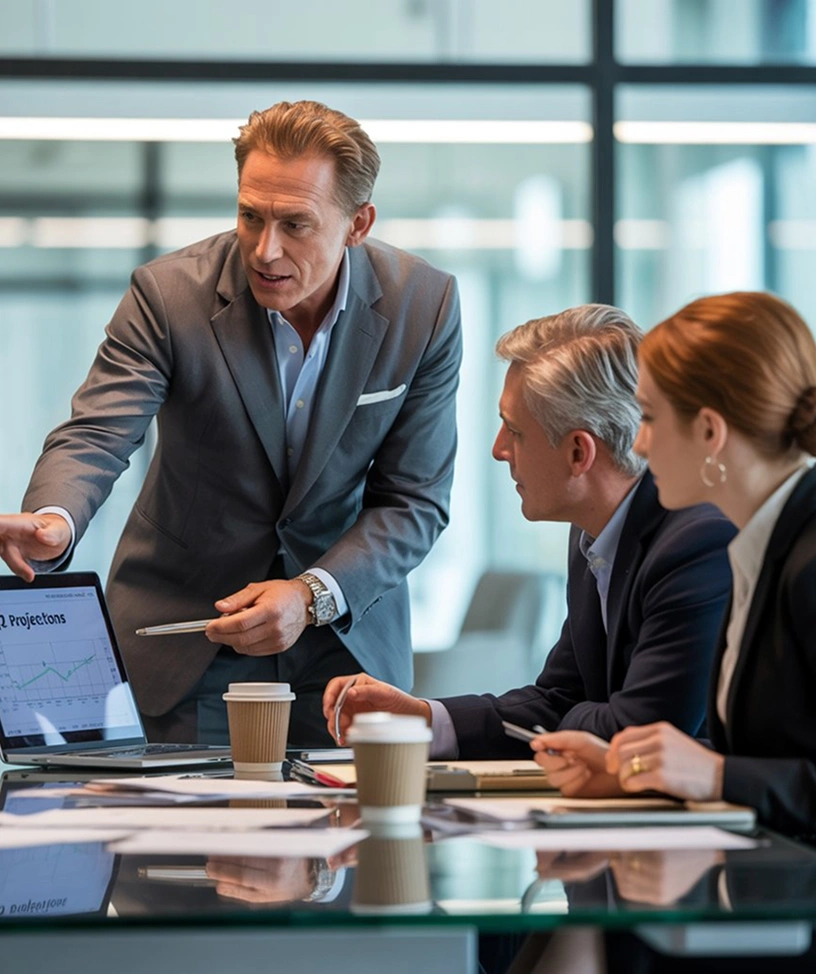 Website design and development team reviewing project projections on a laptop during a business meeting in a modern office.