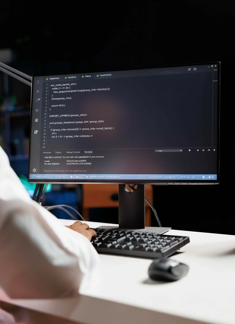Website maintenance services specialist reviewing backend code on a desktop monitor
