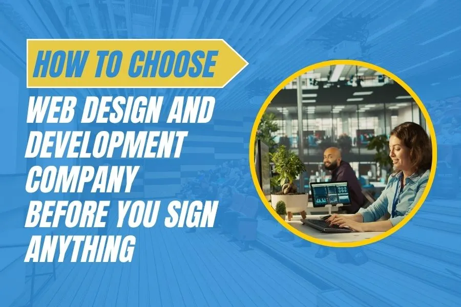 How to choose a web design and development company - team reviewing project scope and website contract.