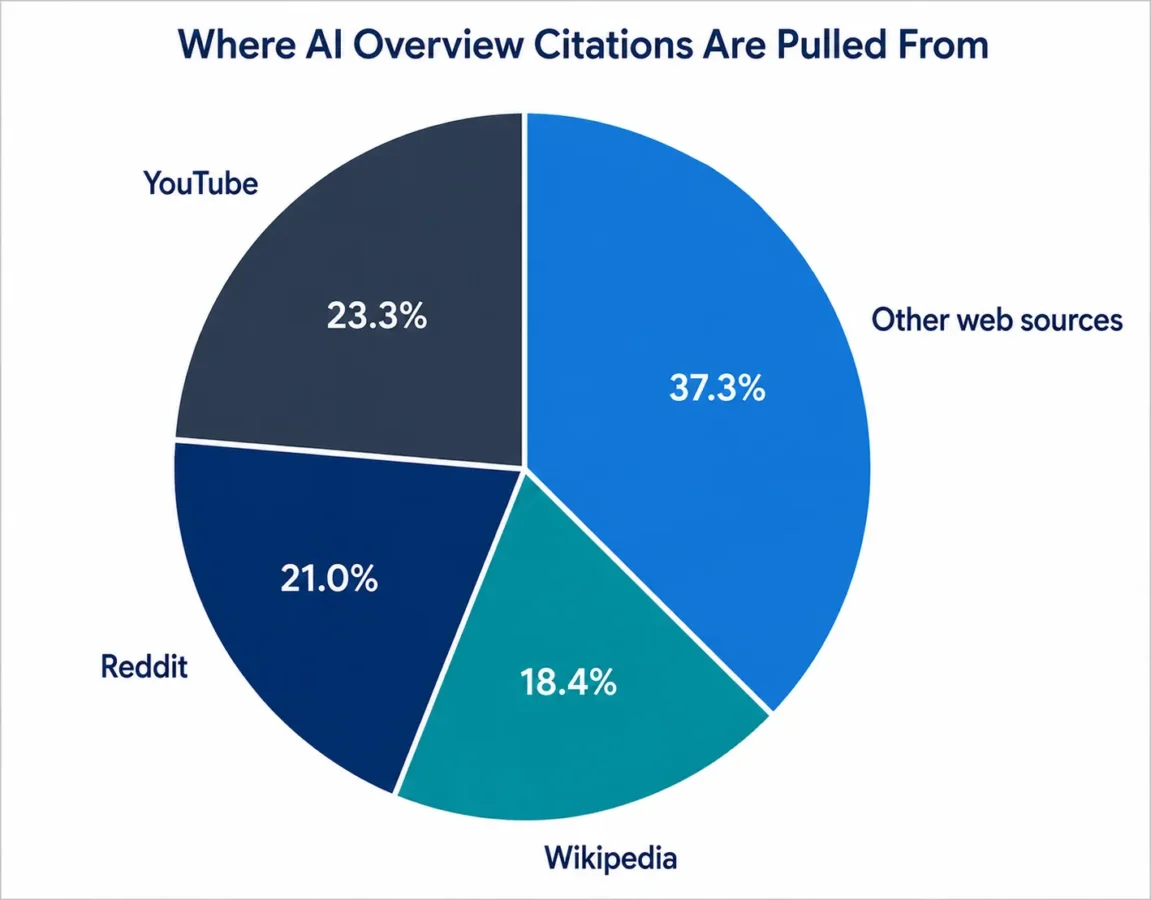 AI Overview citations by source, showing other web sources at 37.3%, YouTube at 23.3%, Reddit at 21%, and Wikipedia at 18.4%.